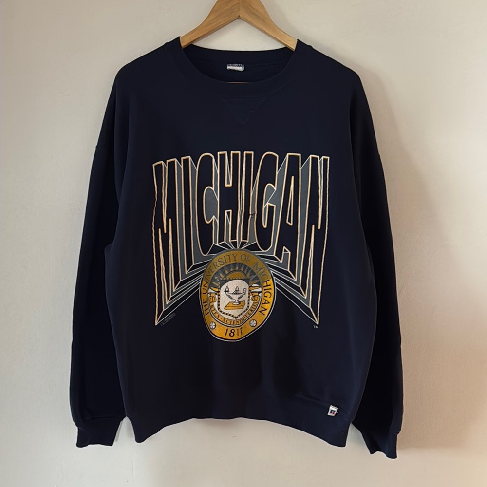 Vintage Michigan University Crewneck / Russell Athletic / XL / 90s / Distressed